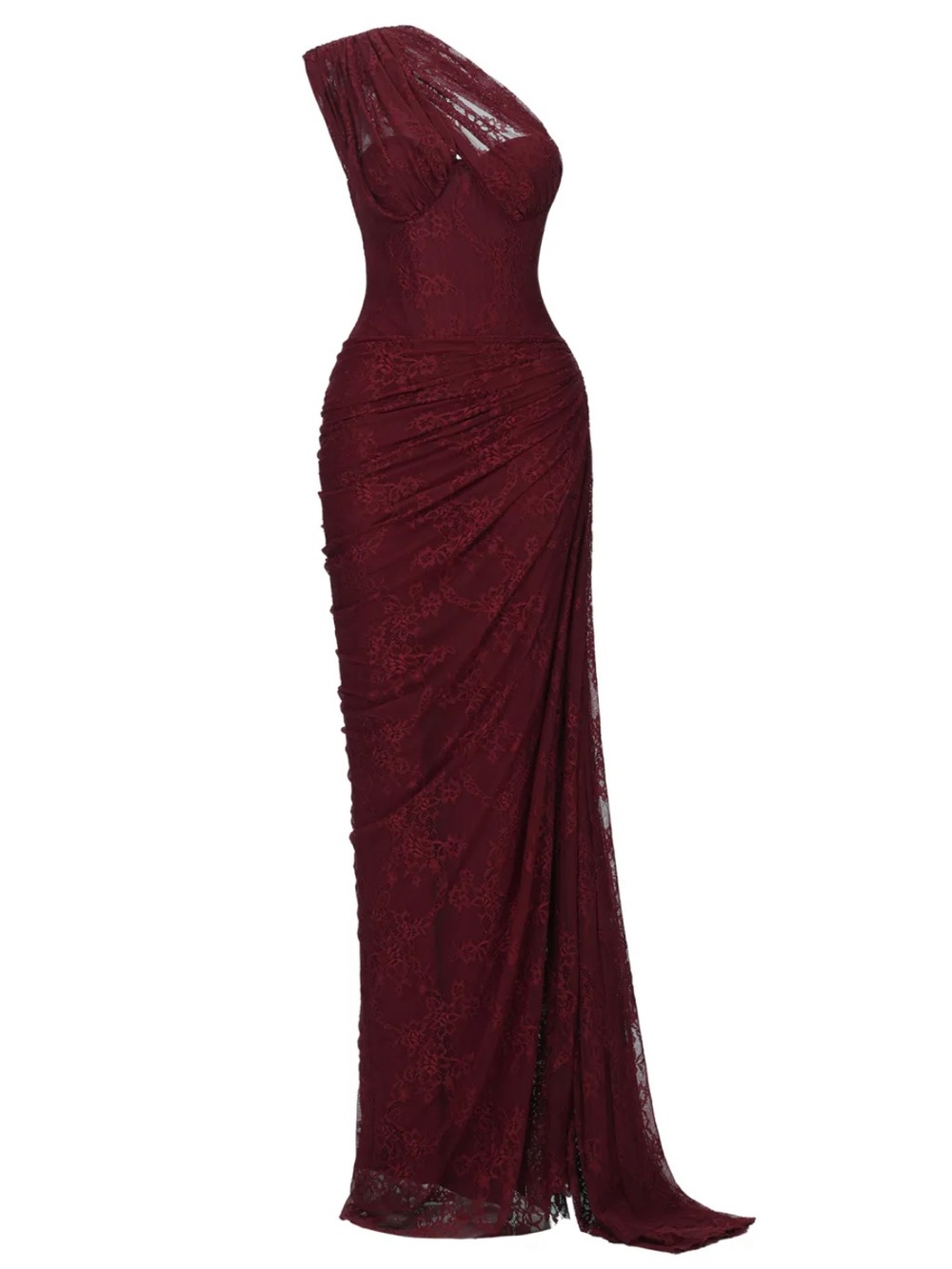 Bella Barnett Finch Romantic Contour Sleeveless Ruched Lace Knit Maxi Dress- Red